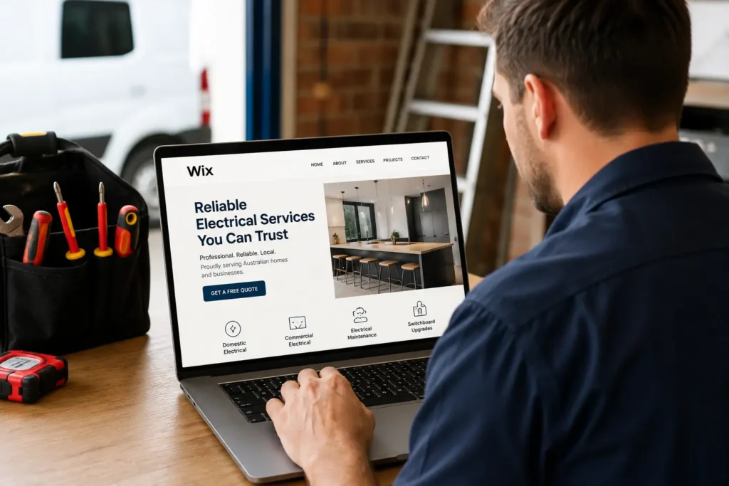 Australian tradesperson viewing a professional Wix website on a laptop